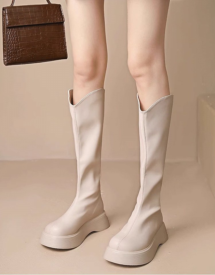 V 입후 바닥 슬림 가죽 부츠