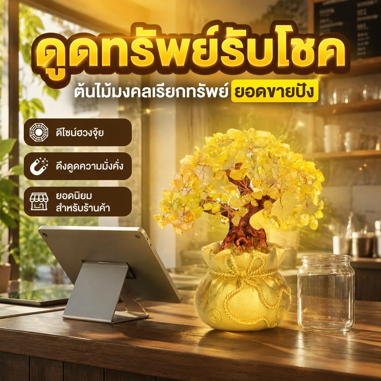 ต้นคริสตัลเหลืองพร้อมถุงเงิน ต้นเงินตกแต่งบ้าน เสริมทรัพย์สินโชคลาภ