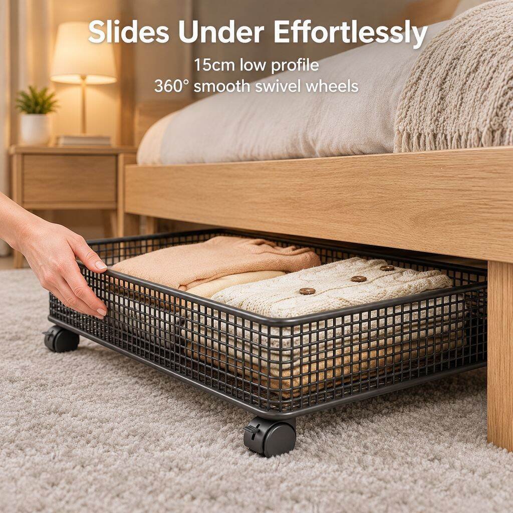 Household iron under-bed storage box with wheels, movable pull-out clothing and quilt organizing and