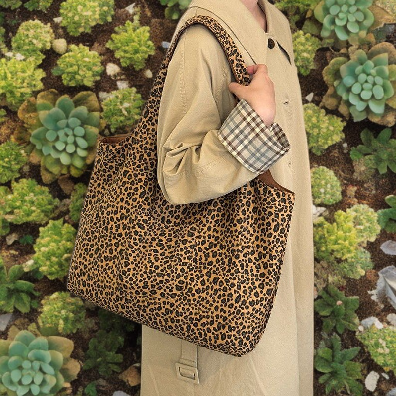 حقيبة قماش بطبعة جلد النمر، نمط ريترو، حقيبة كتف قابلة للعكس، حقيبة حمل للنساء.