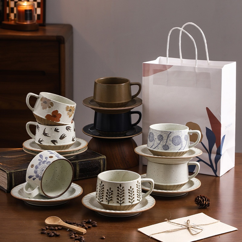  Retro Ceramic Coffee Cup and Saucer Set – Rustic Latte Art Mug