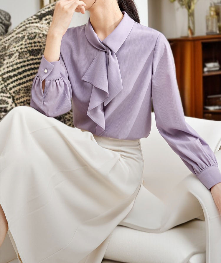 減齡時尚長袖雪紡襯衫正面展示