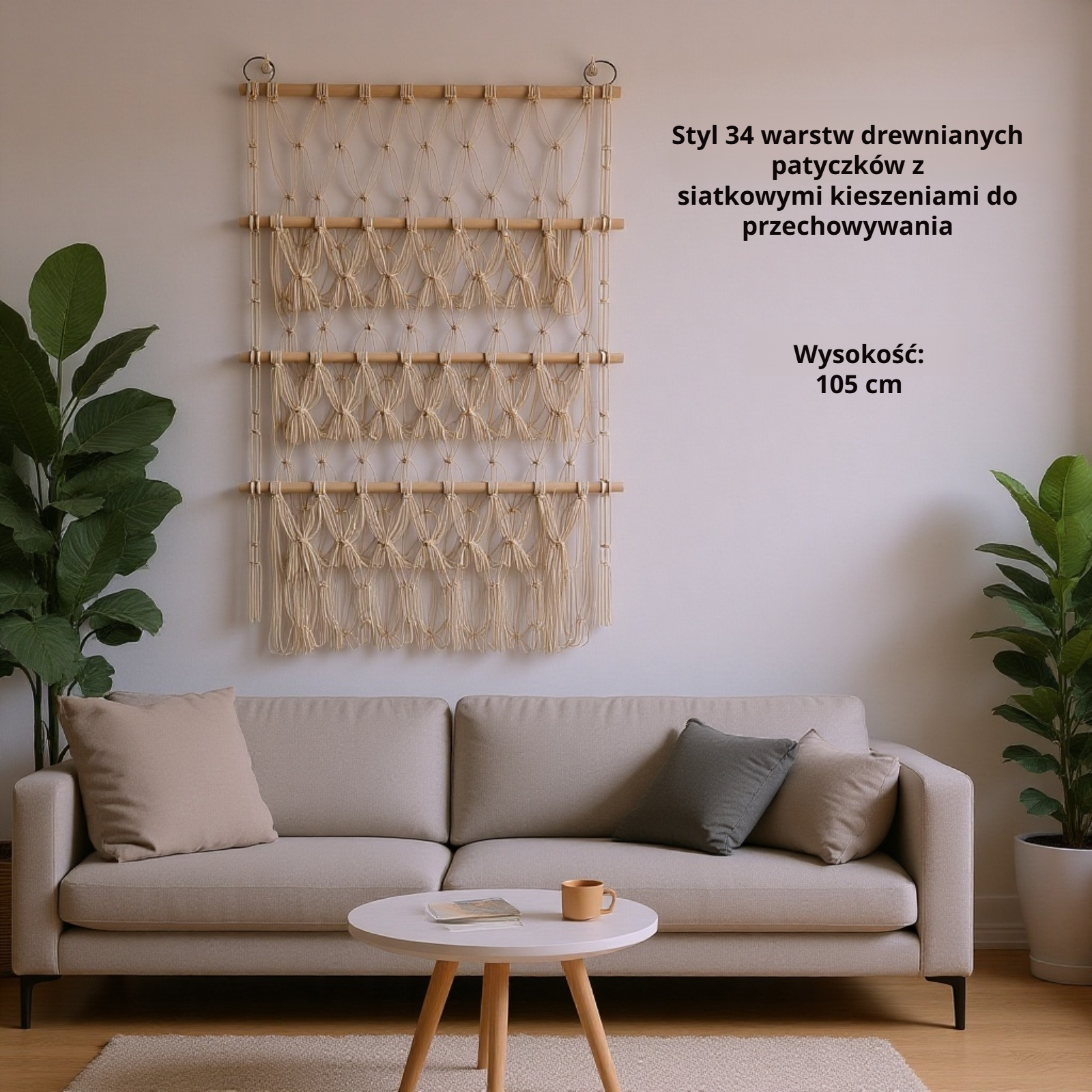 Wisząca siatka na zabawki z czterema drewnianymi poziomami – widok całości