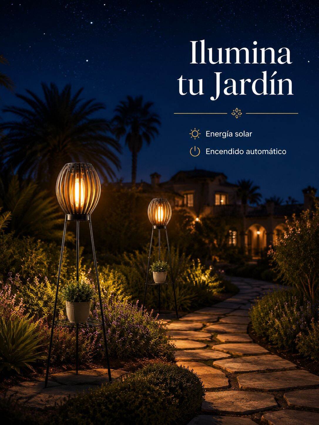Lámpara solar resistente a la intemperie en jardín