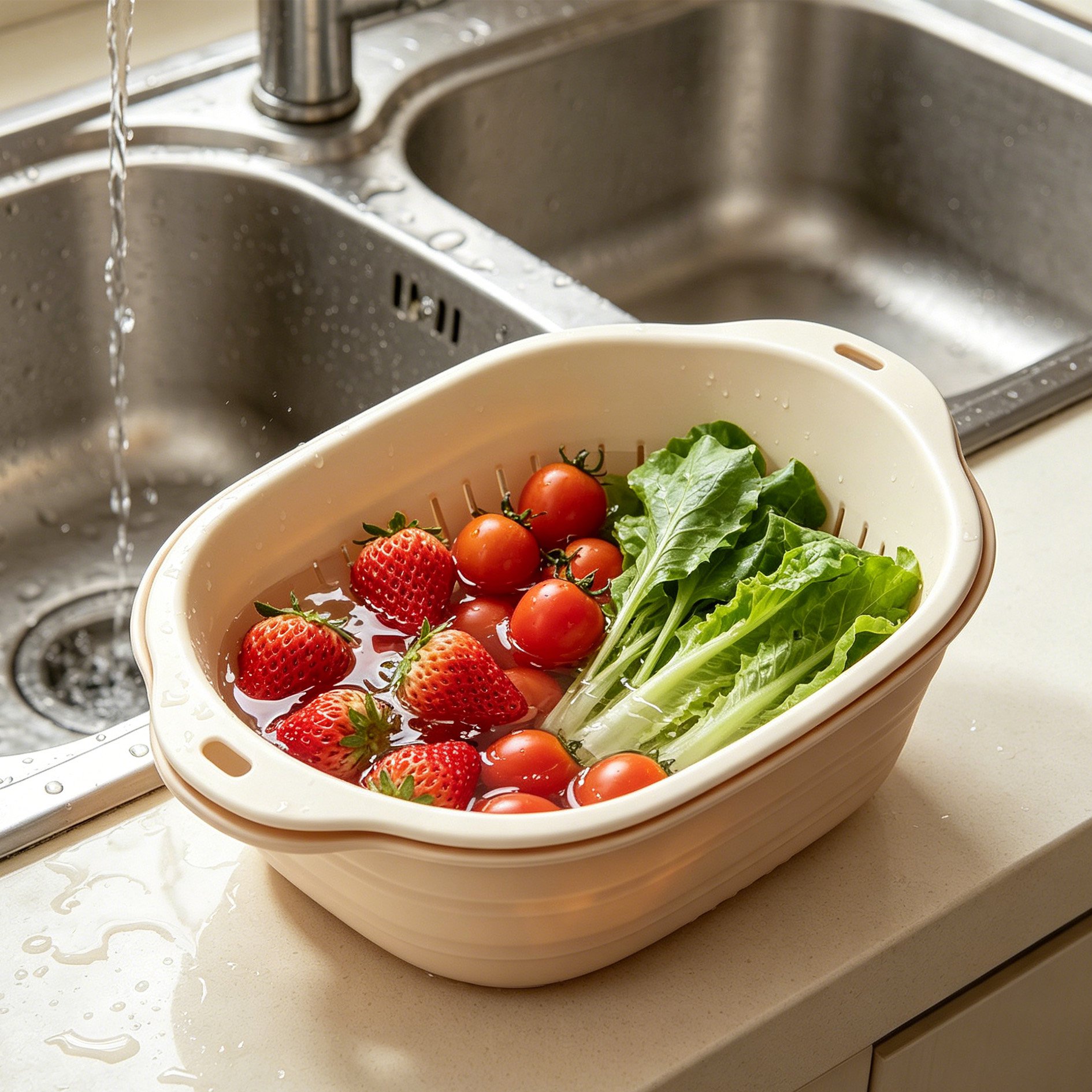 Collapsible strainer basket draining washed vegetables