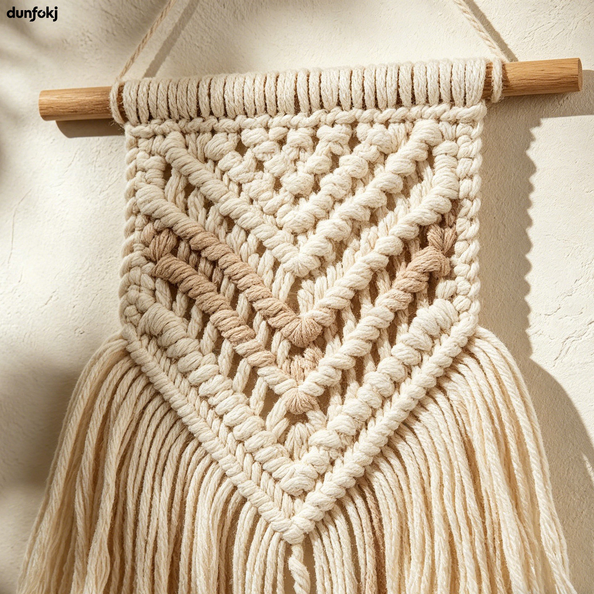 Knitted tapestry with tassel decoration hanging on wall