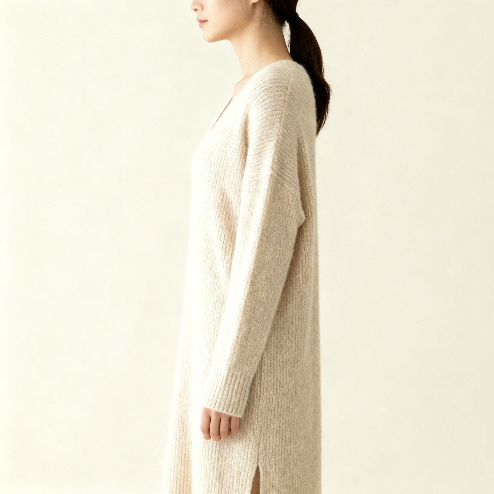 오트밀 컬러 브이넥 원피스 