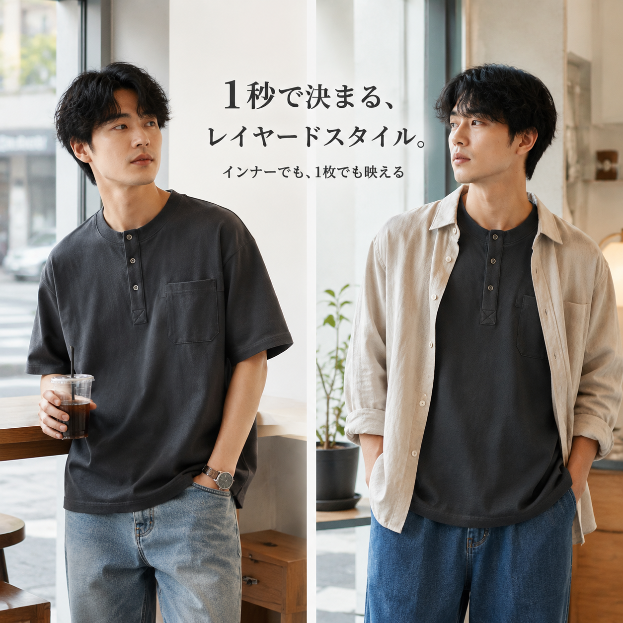 メンズヘンリーネック半袖Tシャツ