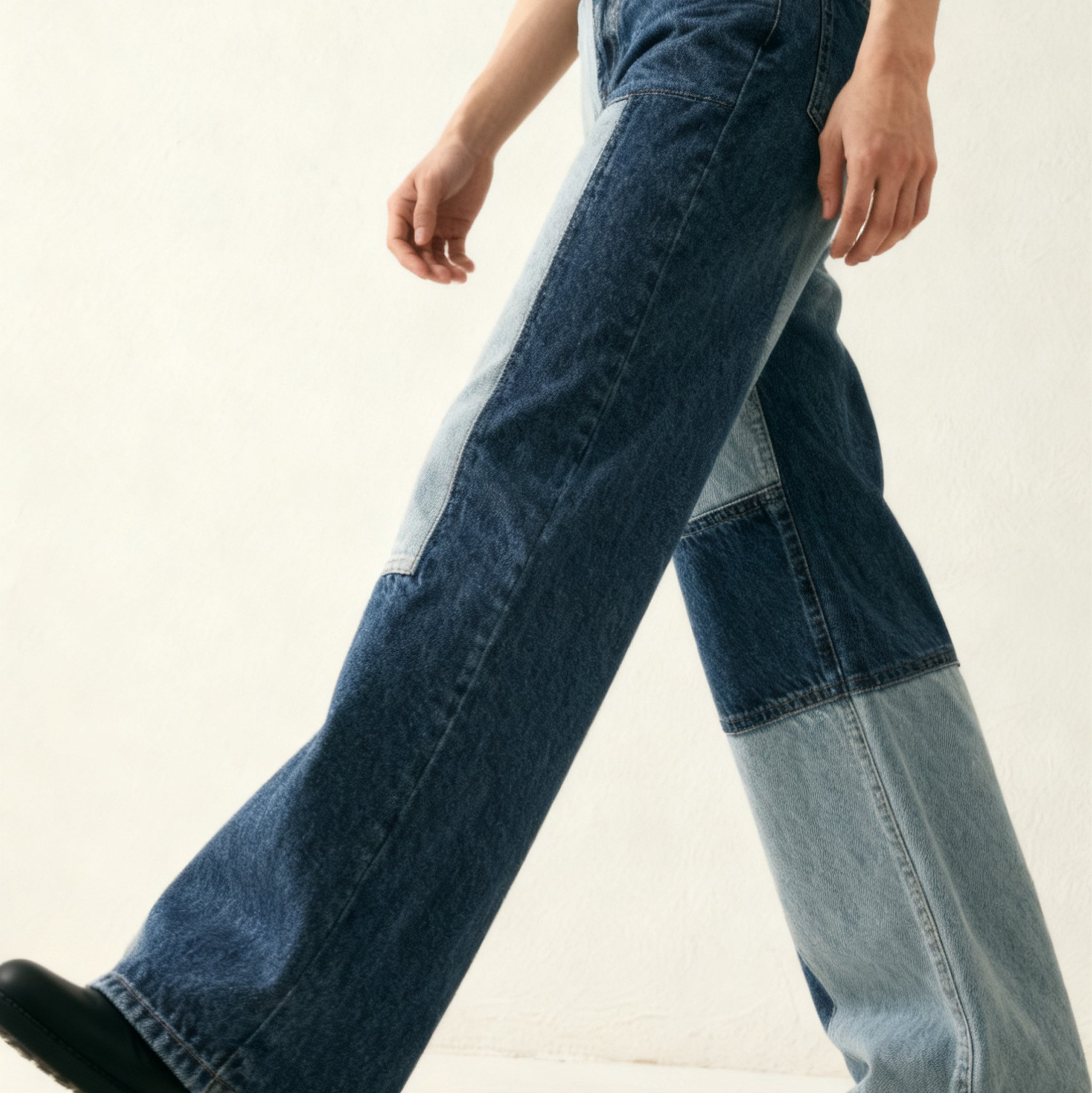 빈티지 컬러블록 와이드 데님 팬츠 전체 이미지