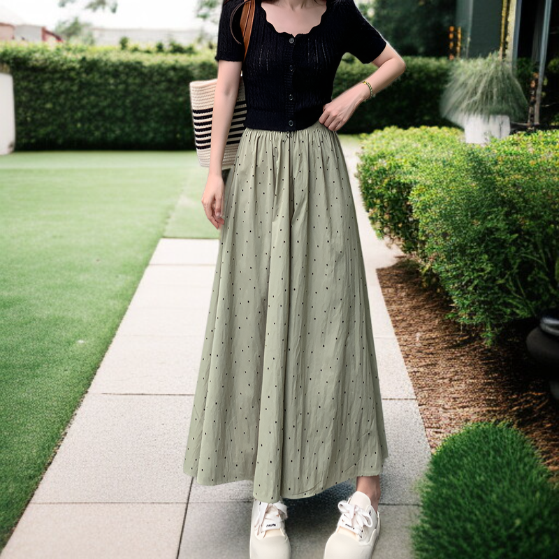 ひっかかり防止・毛玉になりにくいドットワイドパンツ 夏用涼感素材 ハイウエストゴム仕様