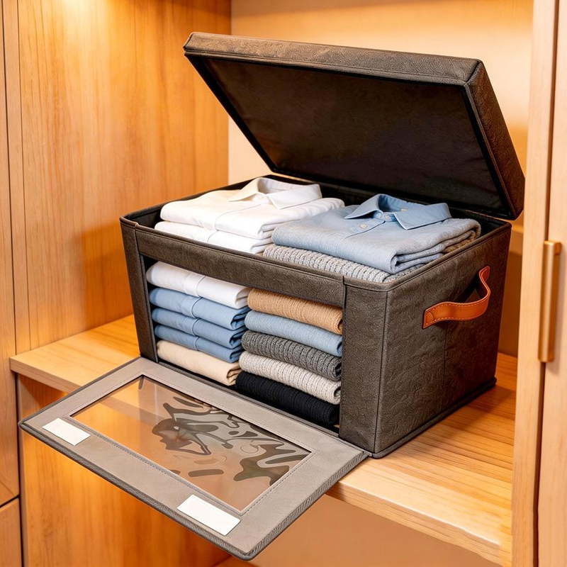 Foldable Side-Open Storage Box with Lid and Transparent Window