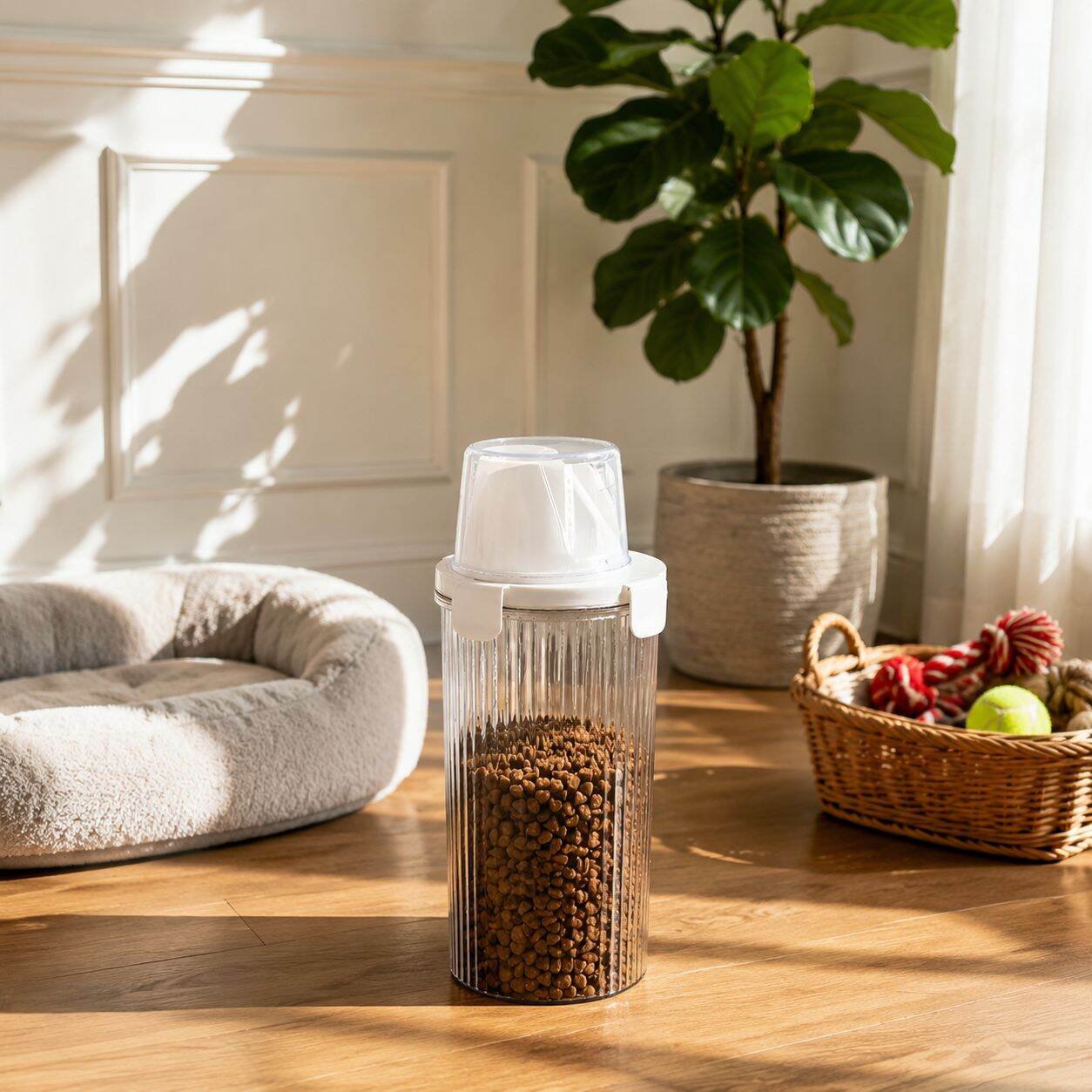 Pet Food Storage Barrel with Measuring Cup, Controllable Dispensing