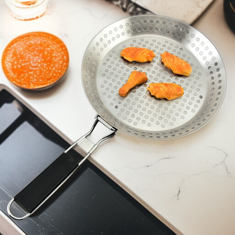 휴대용 Bbq 불판 야외 접이식 야채판 원형 펀칭 불판 나무 손잡이 야외 바베큐 접시