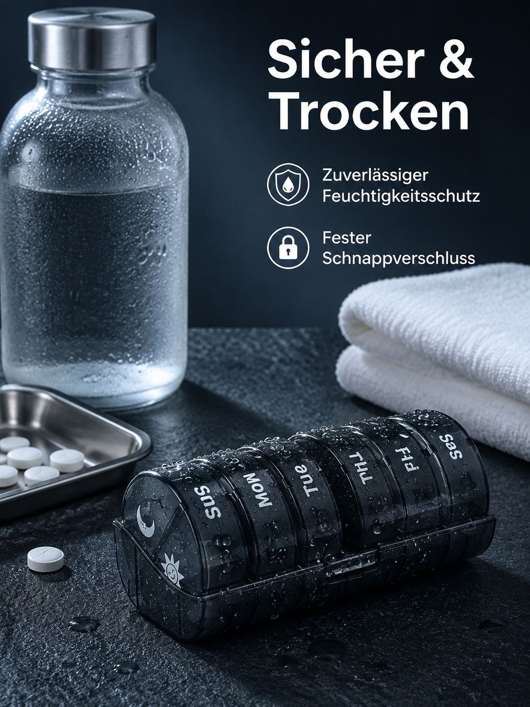 14-Fächer tragbare, abnehmbare, feuchtigkeitsgeschützte Wochen-Pillenbox für morgens und abends