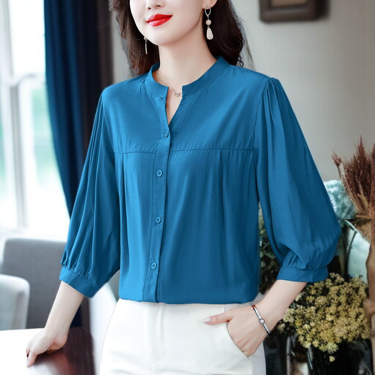 면 마 셔츠 여 린넨 상의 고급 반팔 칠부 소매 엄마 루즈핏 배 가리개 블라우스 고급스러움
