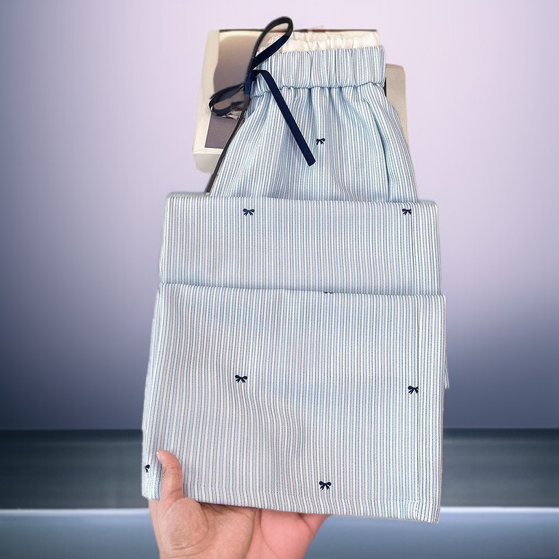 여성용 연한 파란색 줄무늬 리본 프린트 하이웨이스트 바지