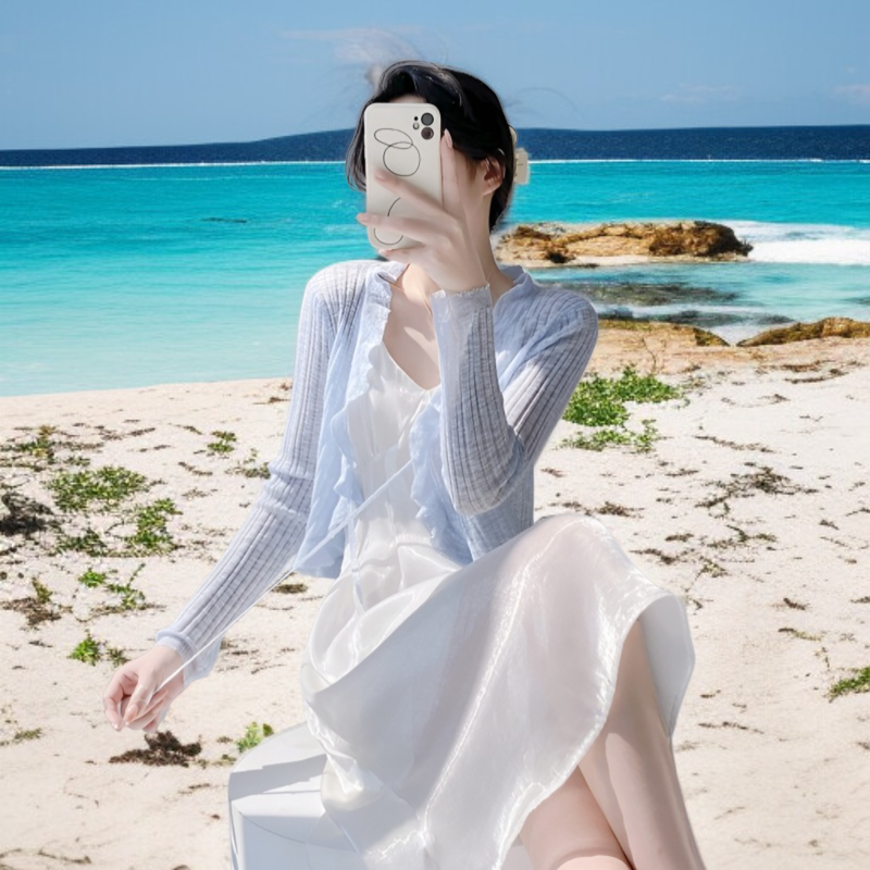 봄/여름 여성용 얇은 긴소매 리본 숏 가디건 세로 골지 프릴 커버업
