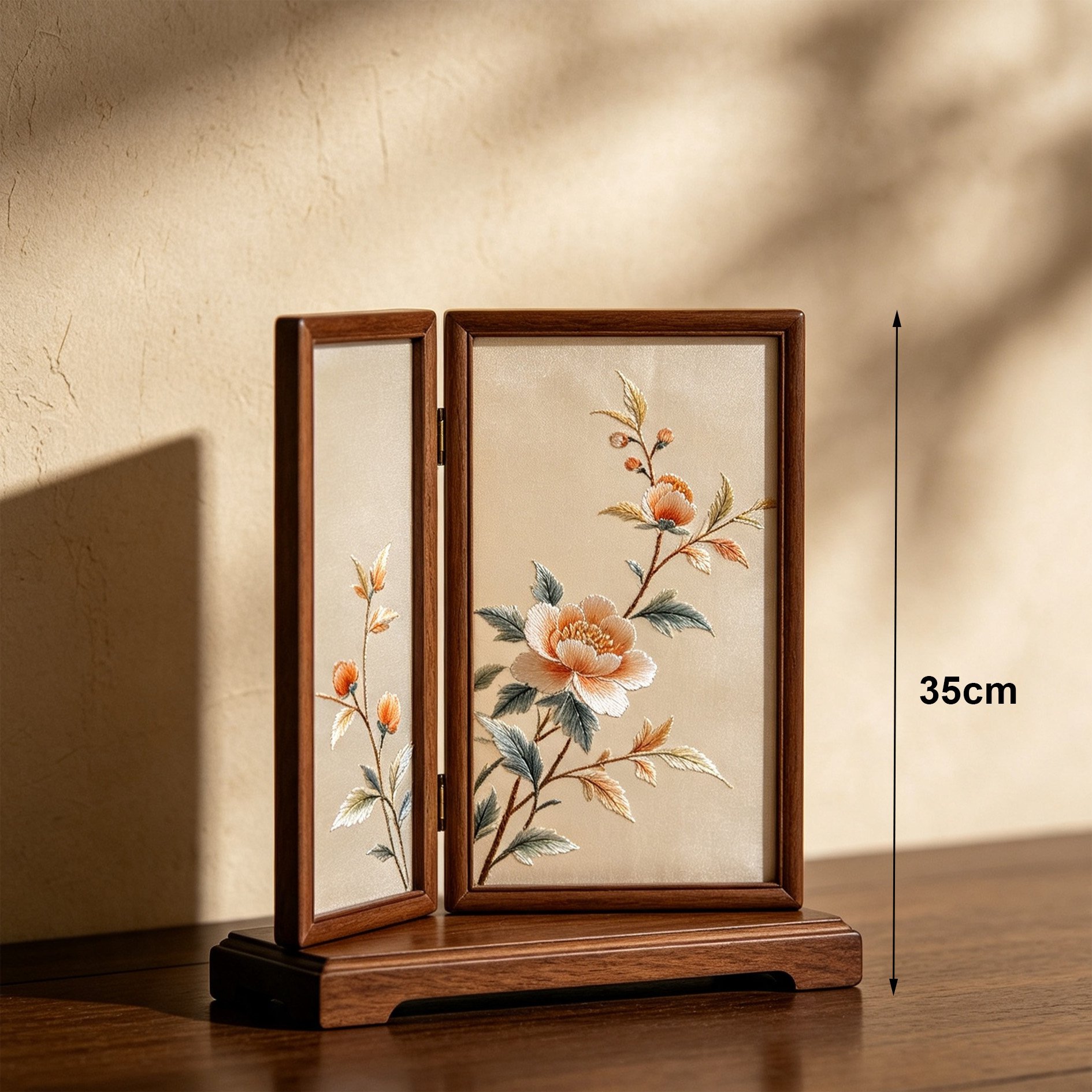 Detailed peony flower embroidery on wood