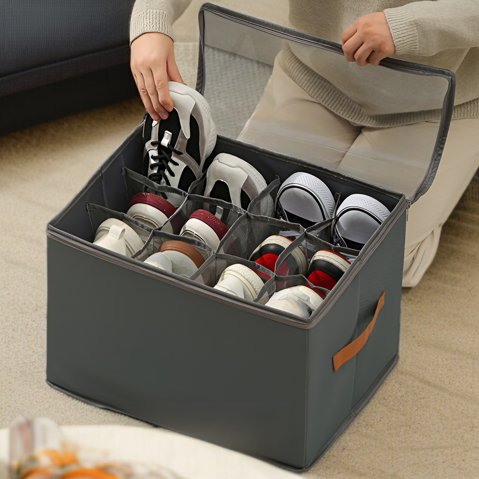 靴収納ボックス 折りたたみ式カバー付き 見える靴箱 多機能 仕切り付き 衣類 雑貨 収納ボックス