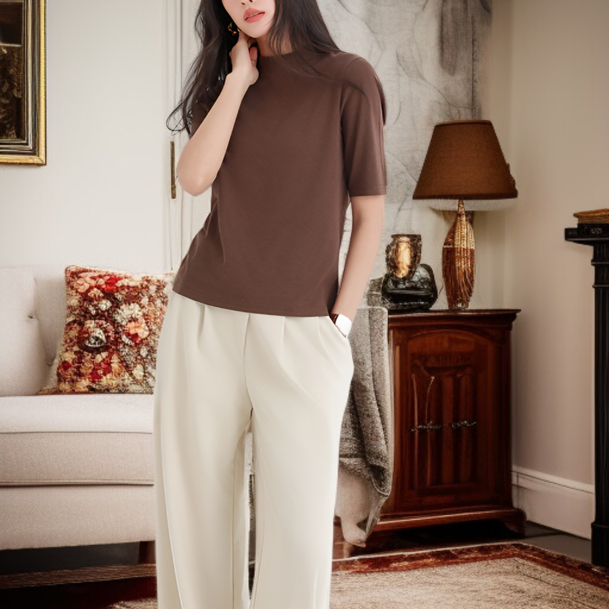 【柔らかくて優しい】2026春夏新作 五分袖スタンドカラー テンセルTシャツ 薄手ゆったり 半袖 快適 軽量 着痩せ レディース トップス プラスサイズあり