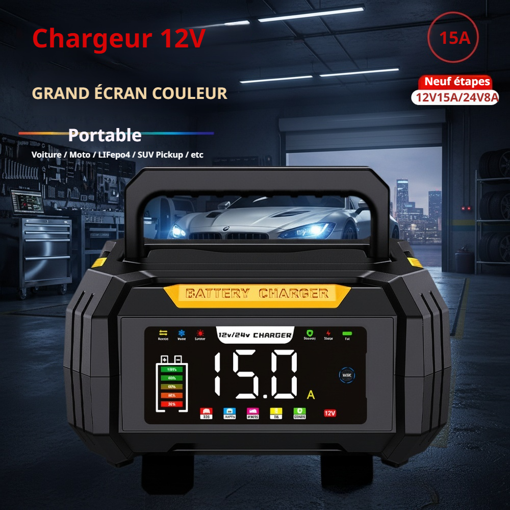 Chargeur portable 12V pour batteries de voiture - compatible plomb-acide et lithium fer phosphate