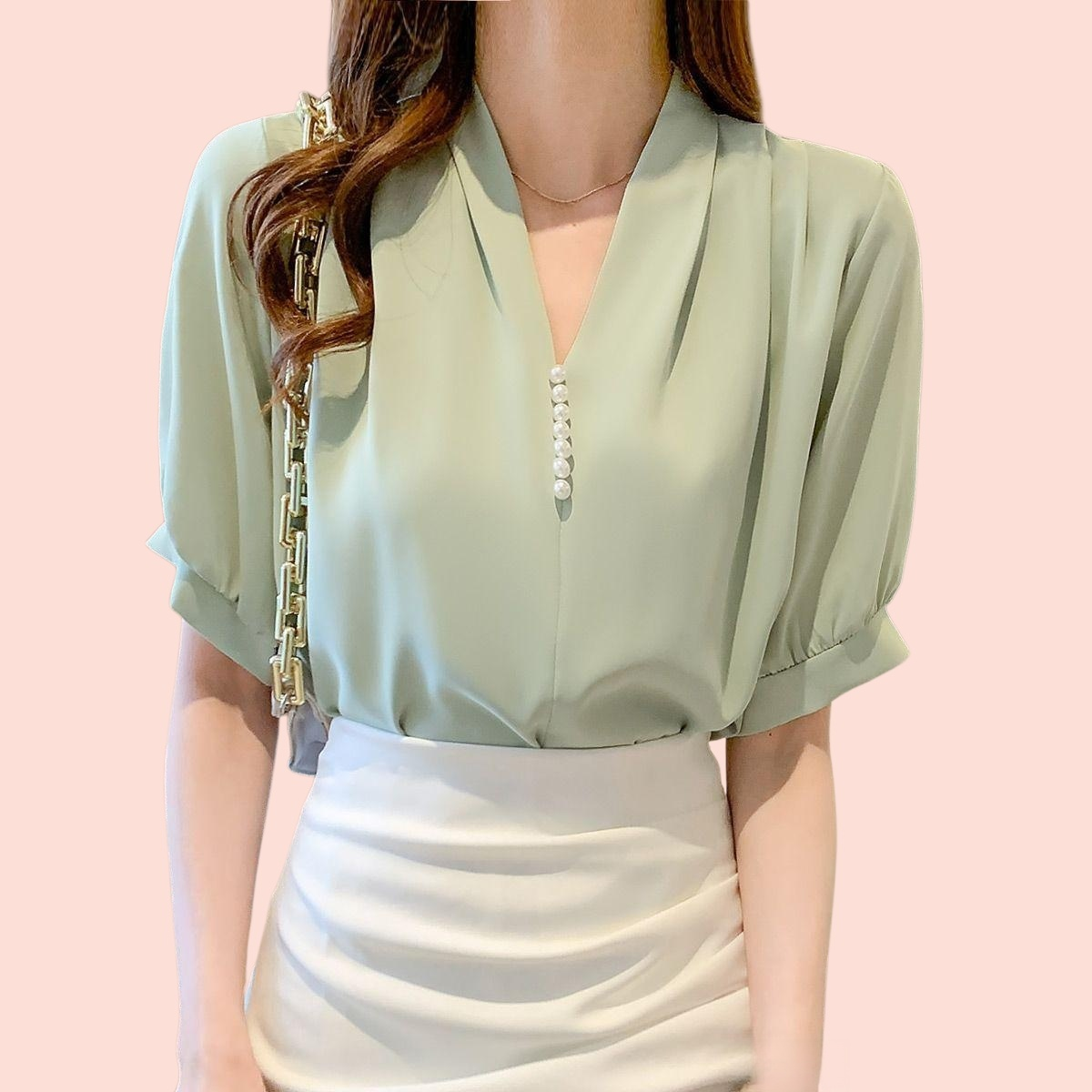 Ladies short-sleeved chiffon shirt women's summer new tops design sense niche summer thin section sh