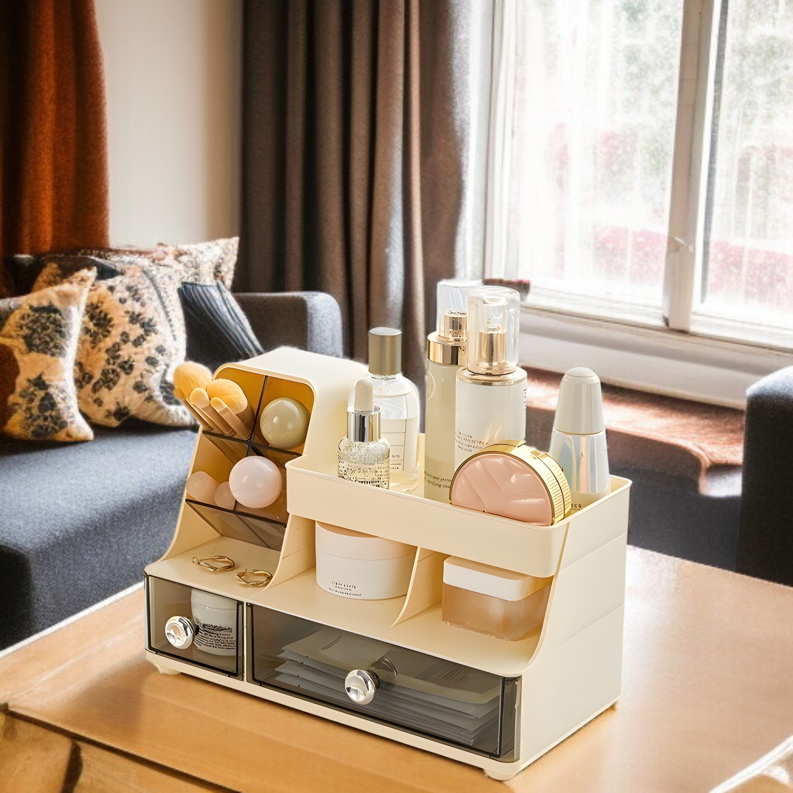 デスクトップコンパートメント収納ボックス軽量高級化粧品ラック寝室用メイクブラシ収納バケツ引き出し収納ボックス