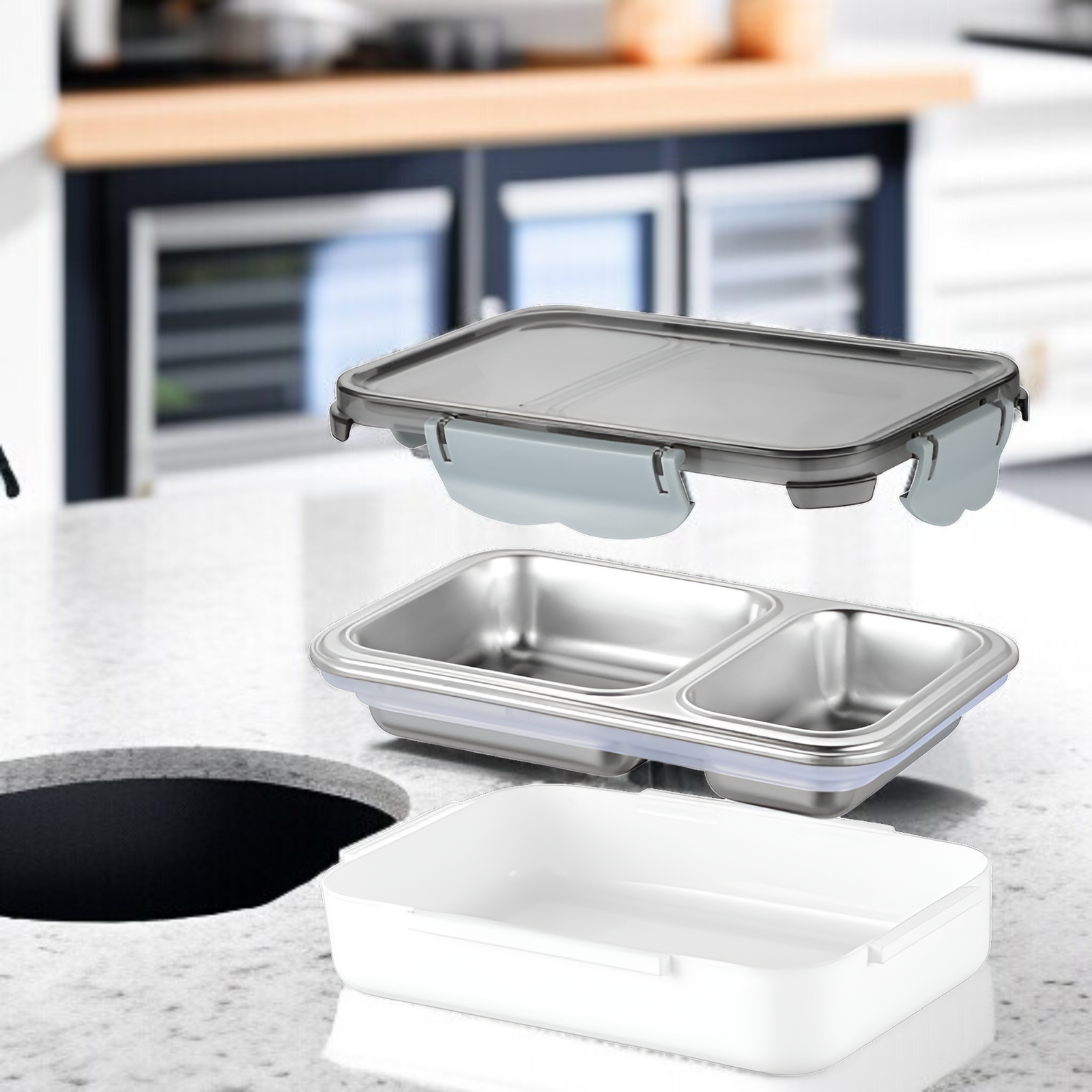 Geruchsneutrale Lunchbox aus Edelstahl 304 mit versiegeltem Deckel und getrennten Fächern