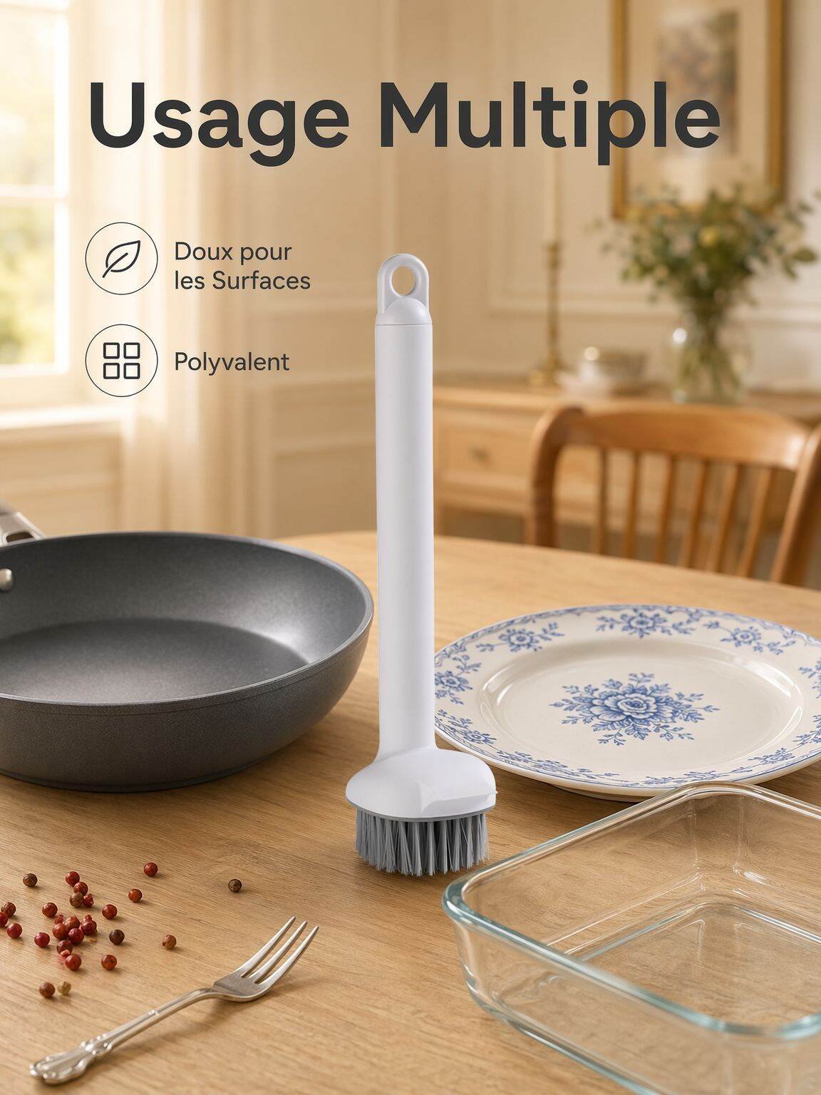 Brosse de casserole rotative 2-en-1