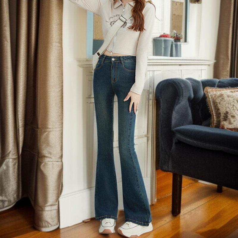 小さめハイウエストワイドジーンズ女性春春スリム細めマイクロフレアワイドパンツ