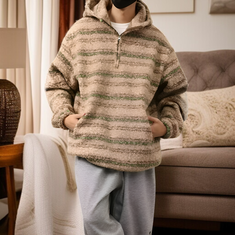 2026年春夏新作 メンズ トレンドのストライプ柄ルーズウールコートとレトロルーズニット