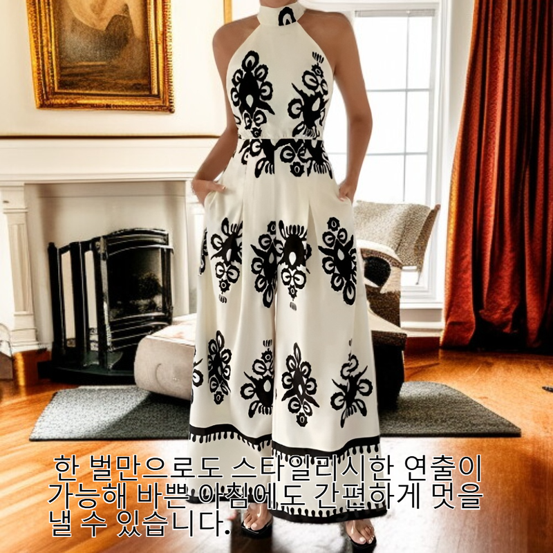 여름 패션 라운드넥 타이업 프린트 점프수트, 슬림핏