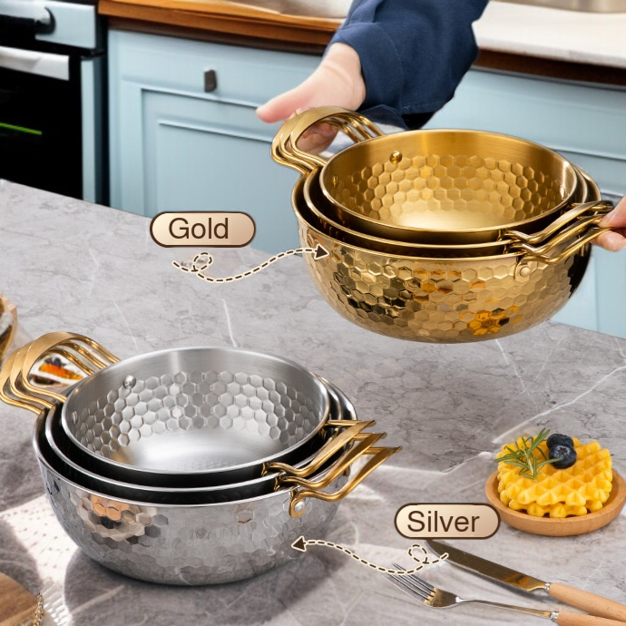 Cazuela y sartén dorada duradera de doble asa, especial para cocina de inducción y fideos