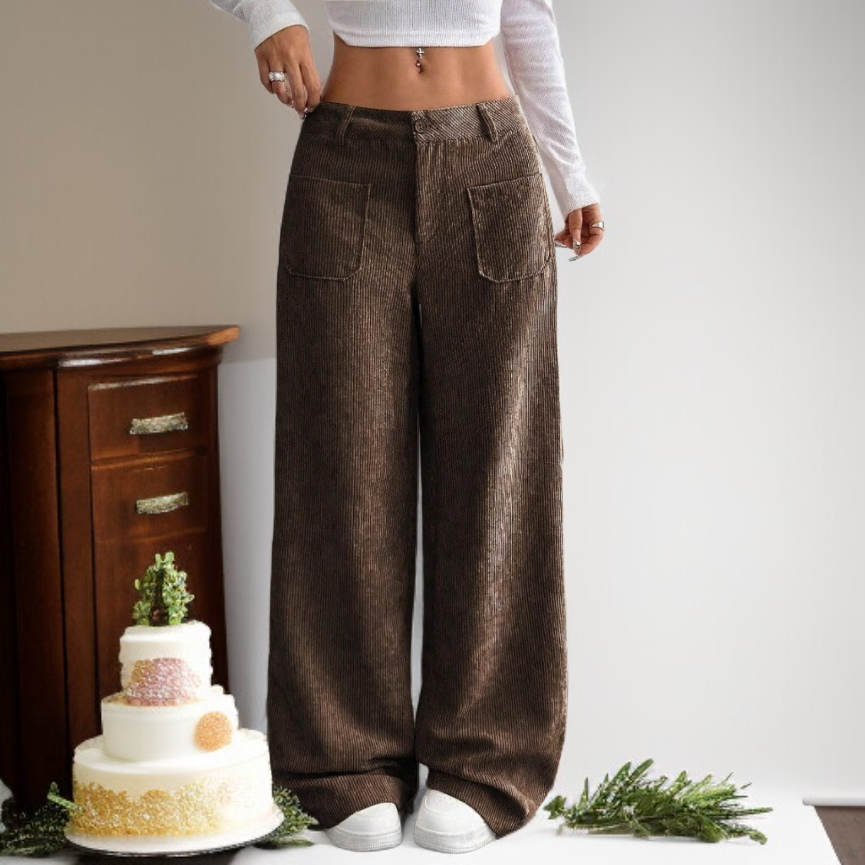 ポケット付きルーズフィット無地ストライプワイドパンツ