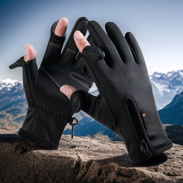 قفازات دافئة للخريف والشتاء للخارج مع تصميم سحاب ولمس إصبعين