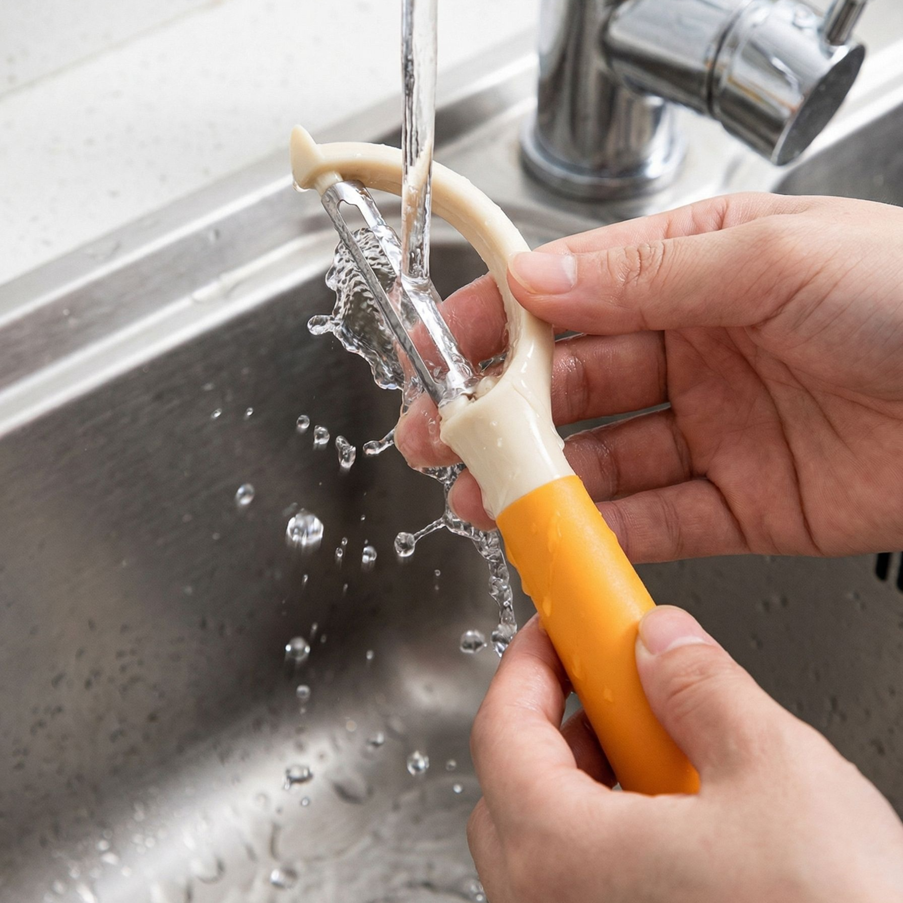 Rostfreier Edelstahlschäler auf Holzbrett