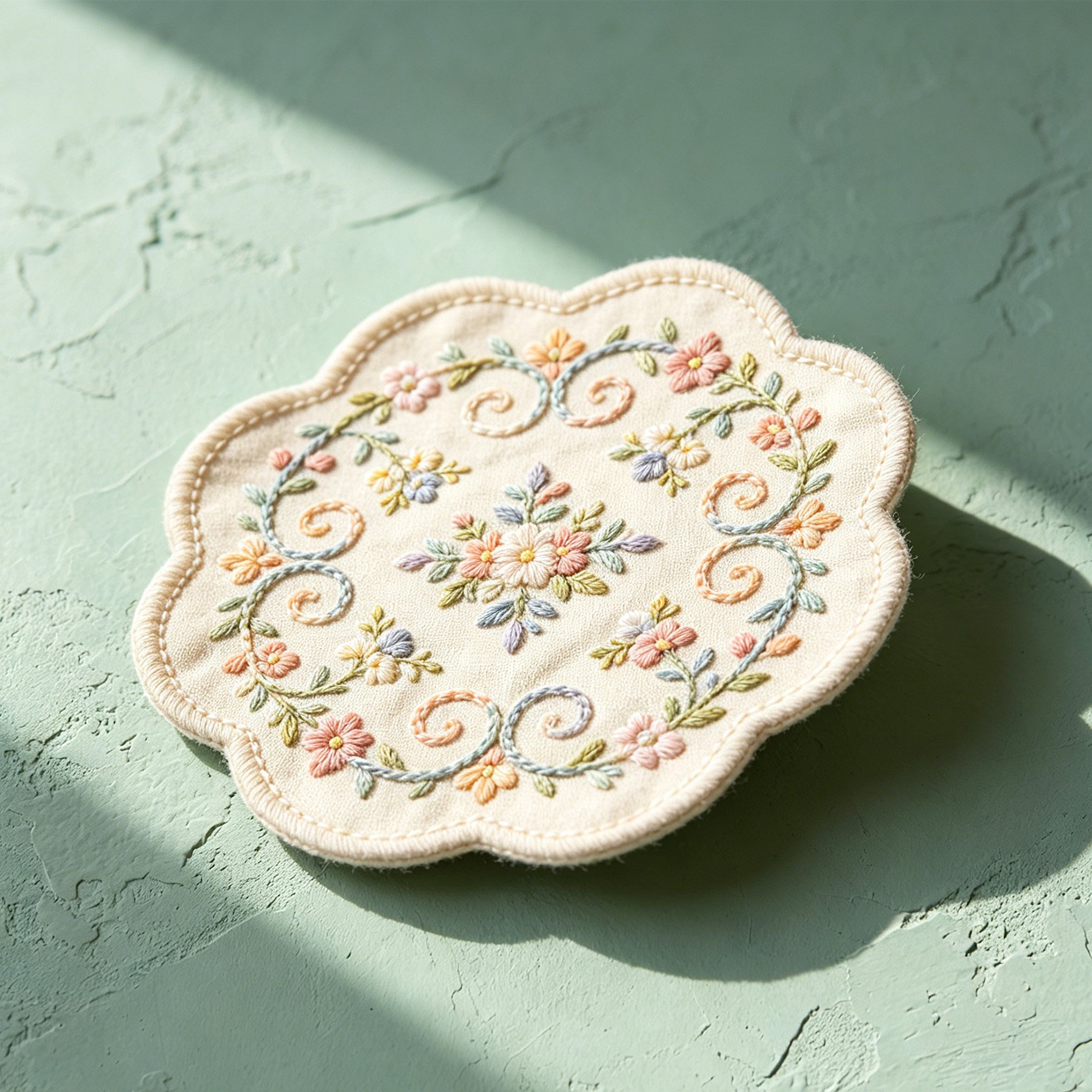 Close-up of detailed embroidery on fabric coaster