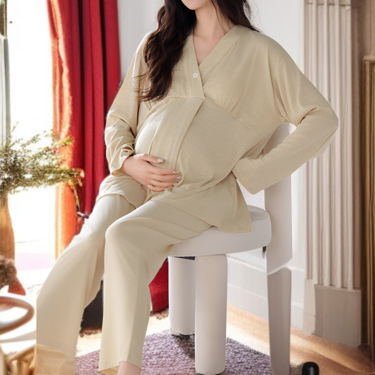 帶胸墊長袖睡衣套裝秋冬居家穿搭