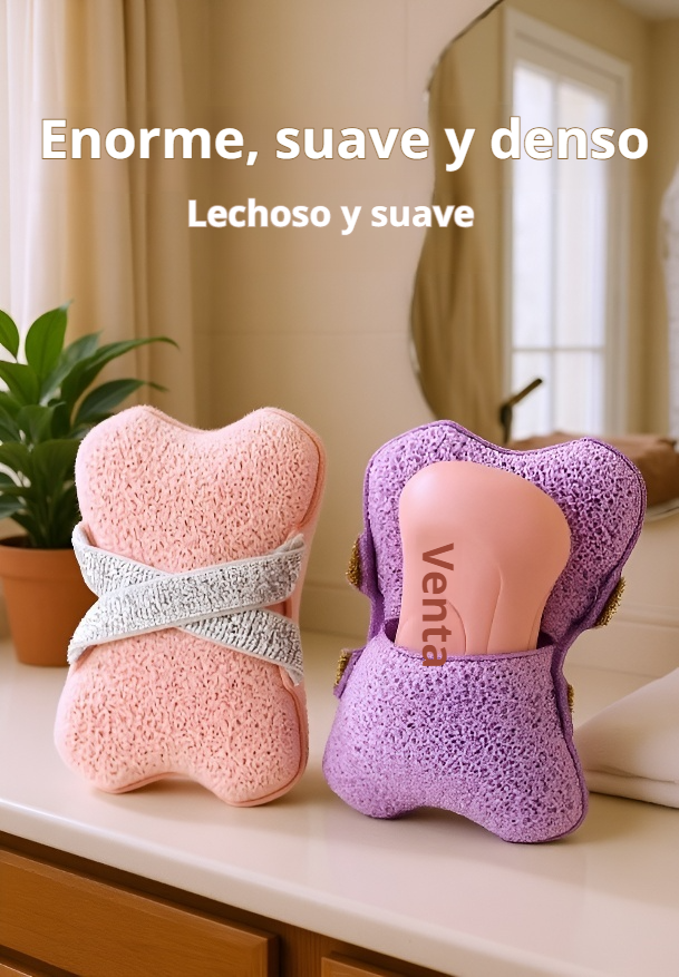 Esponja de baño con jabón y doble cinta sobre fondo blanco