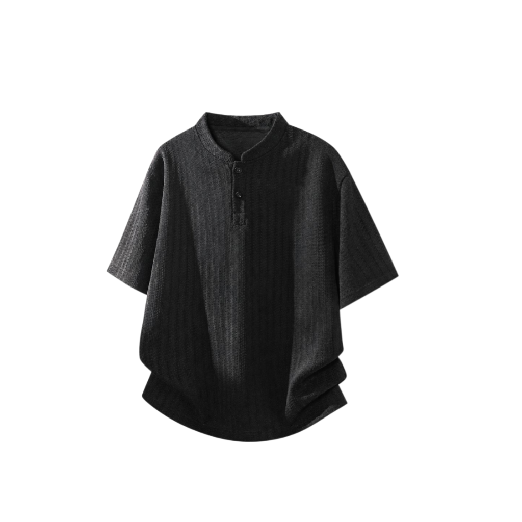 メンズ夏用ゆったり魚骨柄ヘンリーネック半袖カジュアルTシャツ