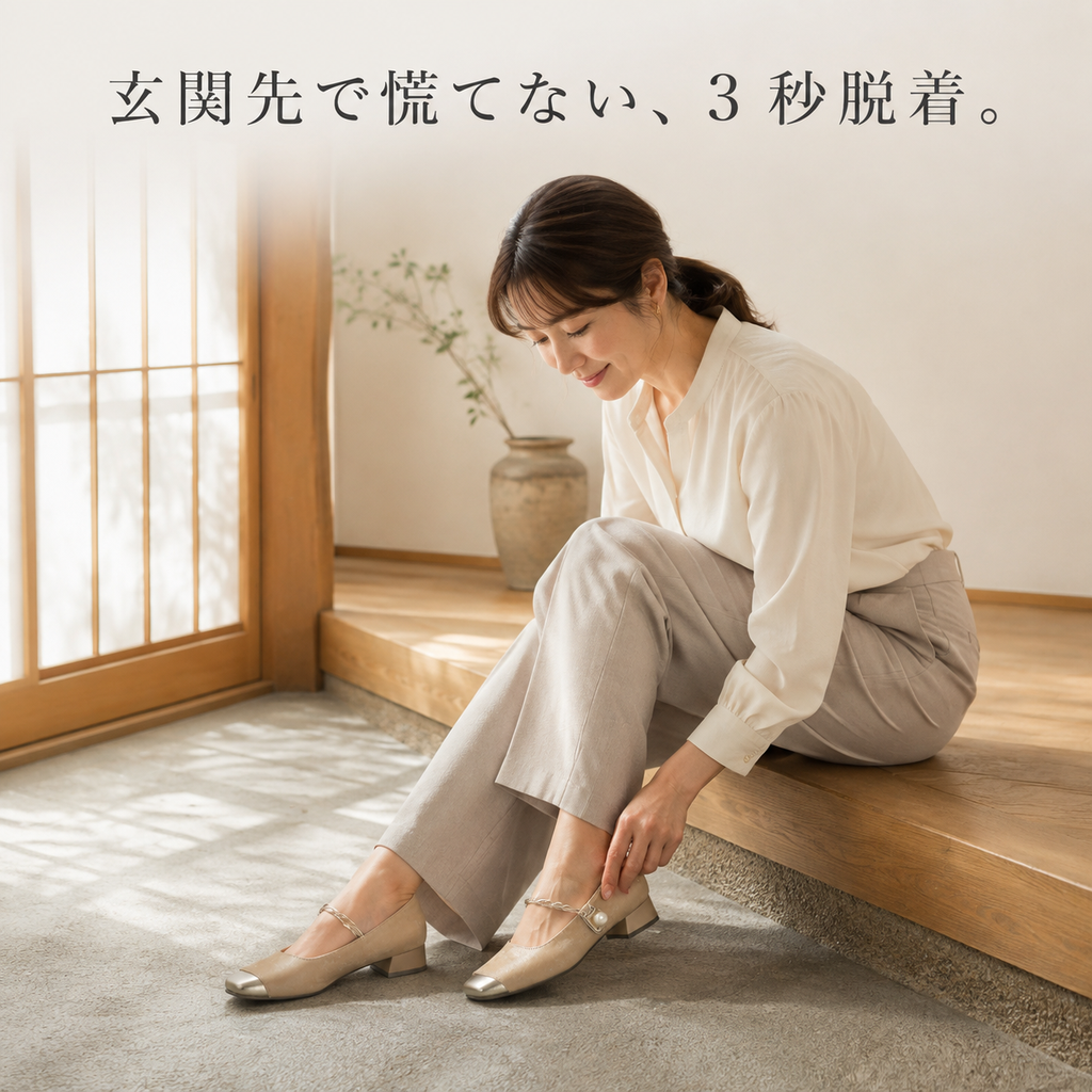 レディースシャネル風太ヒールマリ―ジェーンパンプス