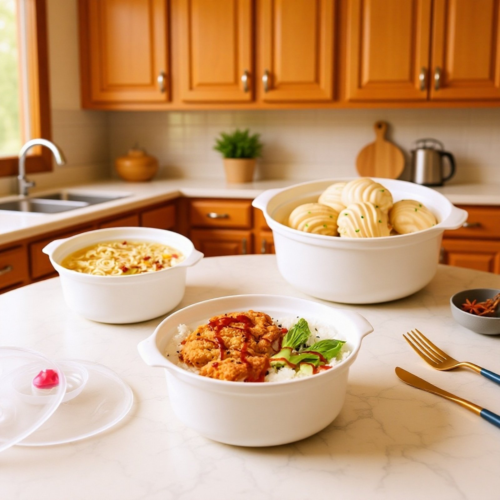 プラスチック製蓋付き丸型両耳弁当箱