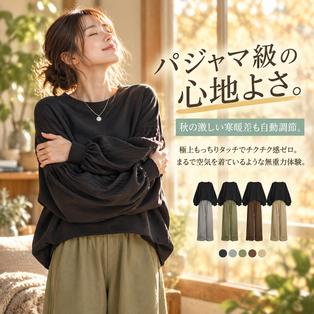 ツートンクルーネックトップス＋ワイドパンツセットアップ