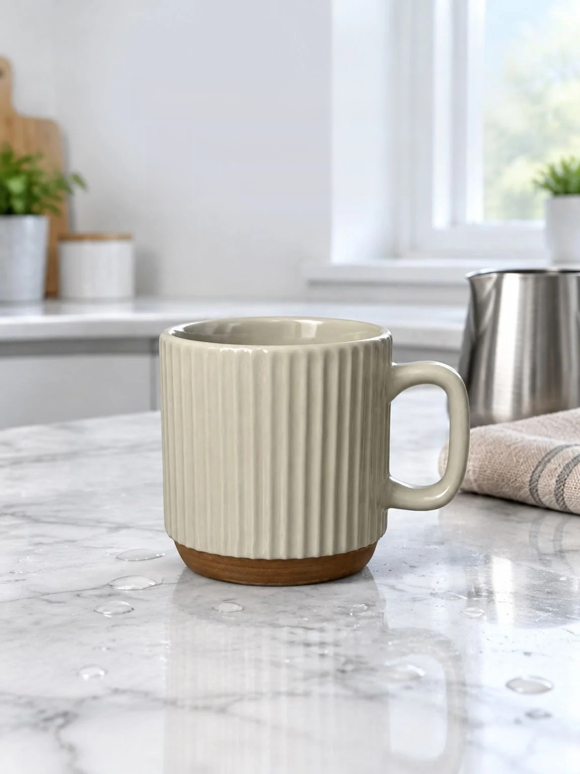 Side view of the Retro Beige Stacking Mug with elegant stripes
