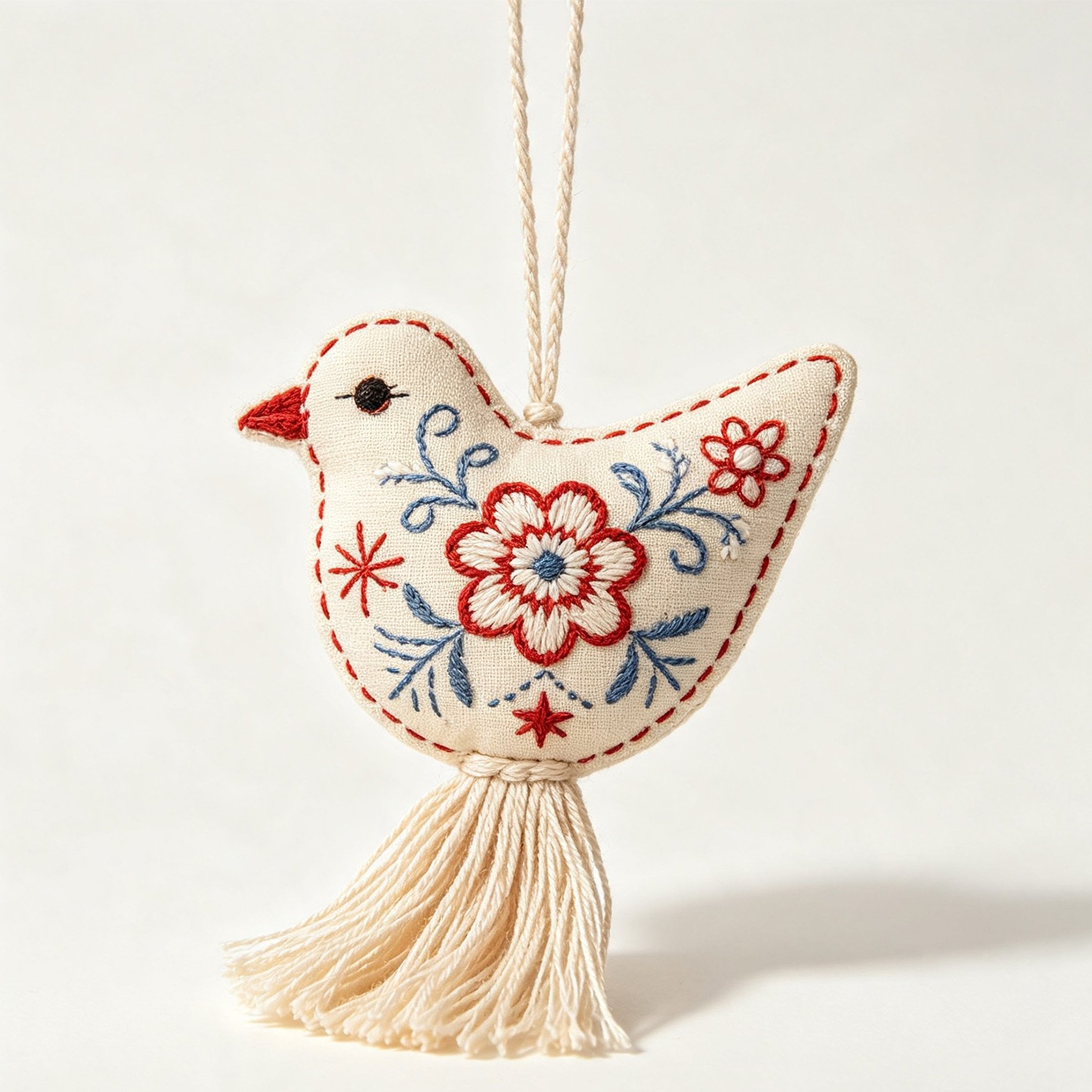 Handmade bird embroidered fabric sachet with floral design