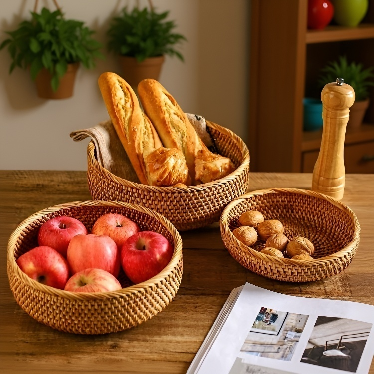Cesta de pan redonda de ratán para almacenar en la cocina