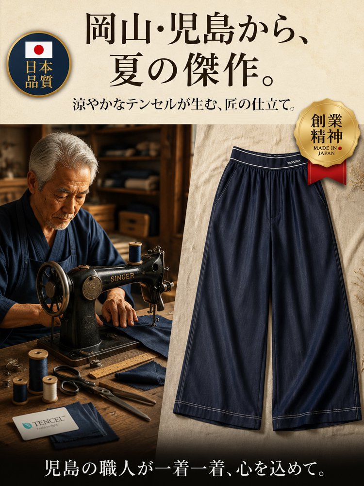 レディース細見え8分丈ワイドパンツ