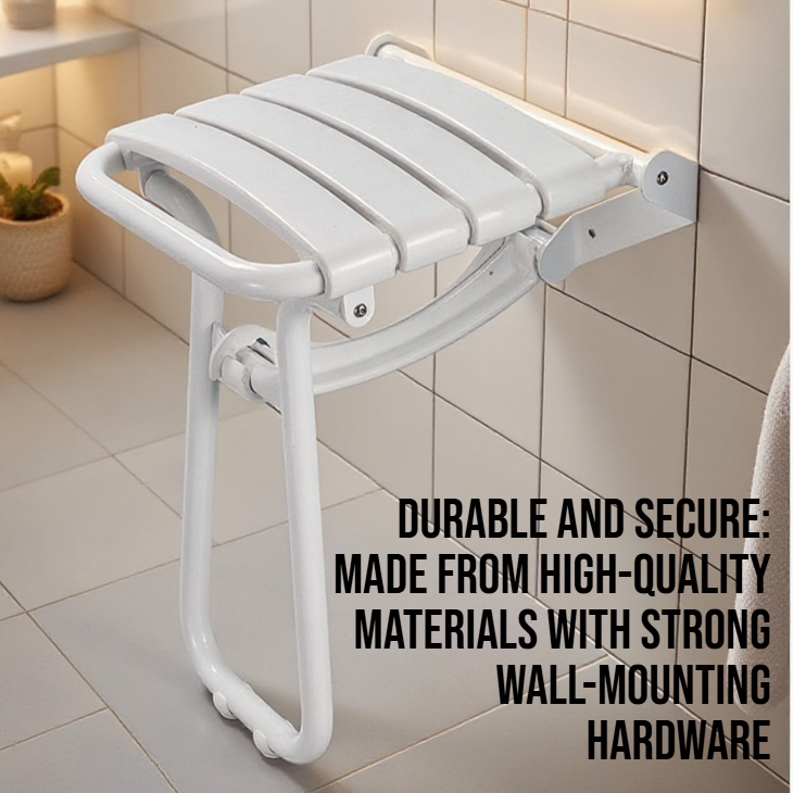 Space-saving shower bench folded against bathroom wall