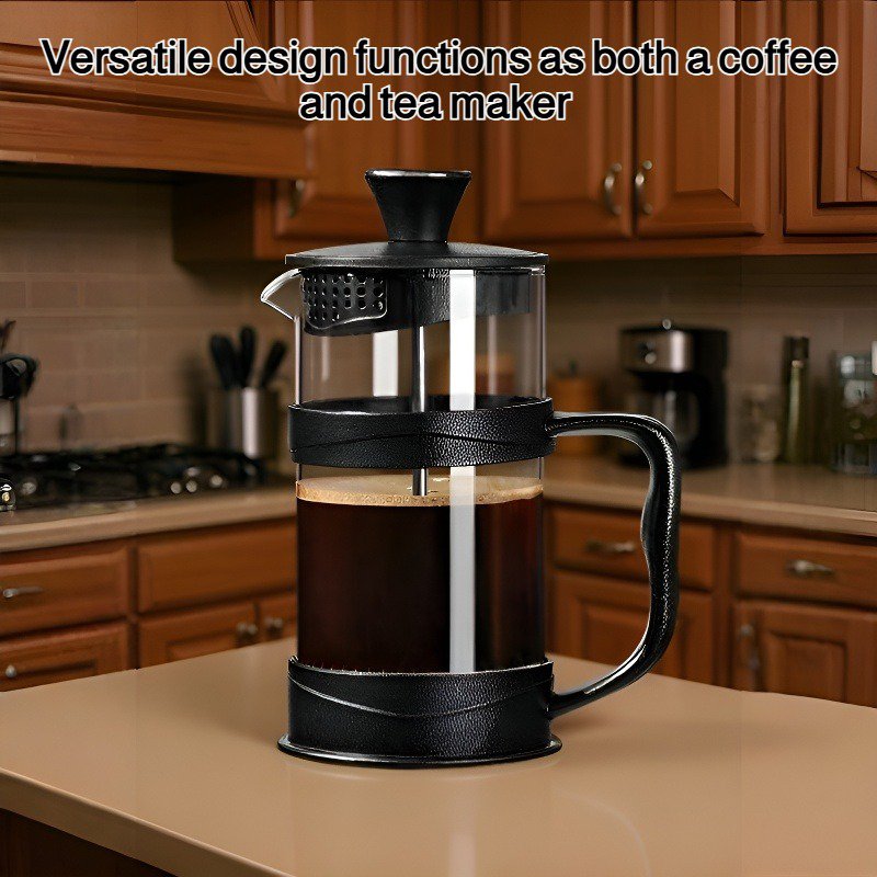 Coffee maker with stainless steel filter, tea maker, heat and cold resistant French press.