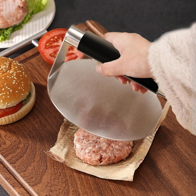 不銹鋼圓形漢堡壓肉器手動矽膠柄壓餅器